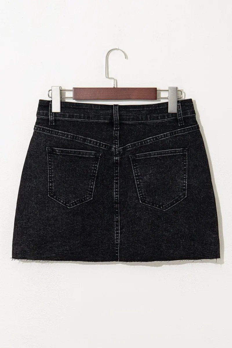 Carbon Grey Mineral Wash Ripped Raw Hem Denim Mini Skirt - Love Salve